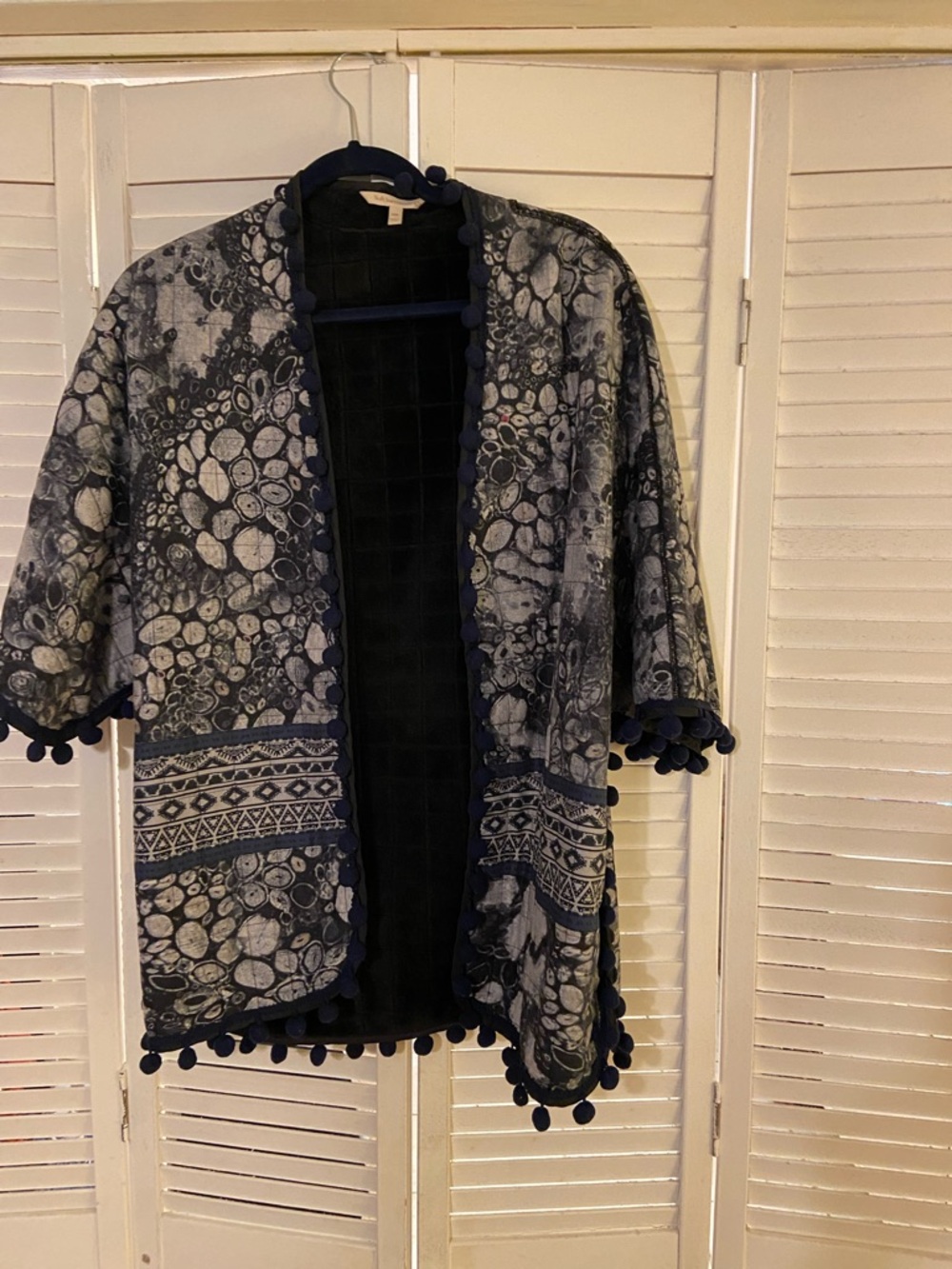 Soft Surroundings Navy and Cream Patterned Open-Front Jacket with Pom Poms